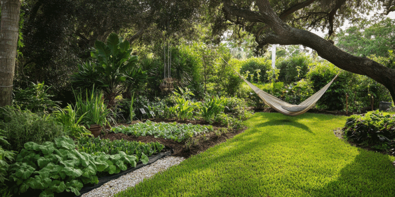 Serene backyard garden in Florida showcasing lush greenery and a relaxing hammock for afternoon leisure 