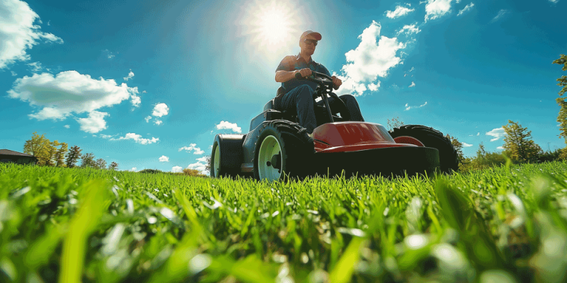 Gardener driving riding lawn mower cutting grass in sunny garden