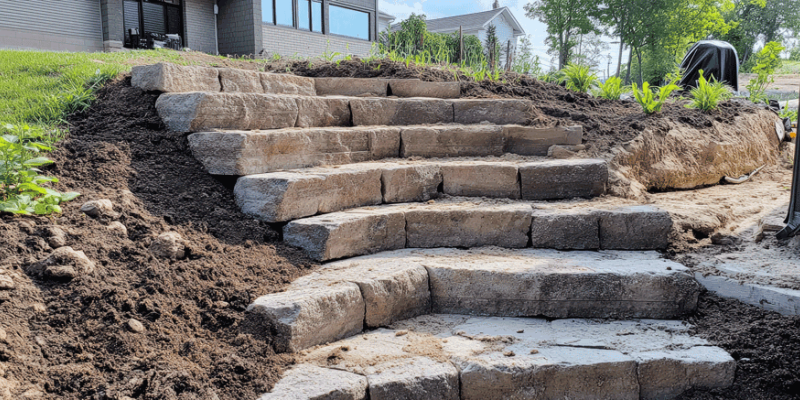 Construction of a sturdy retaining wall featuring interlocking stones designed to enhance backyard aesthetics and prevent soil erosion 