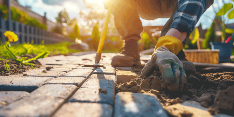 Close up on the hands and tools of an expert workman laying patio slabs in garden makeover